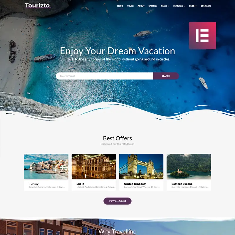 Tourizto - Thème WordPress Elementor Travel Company