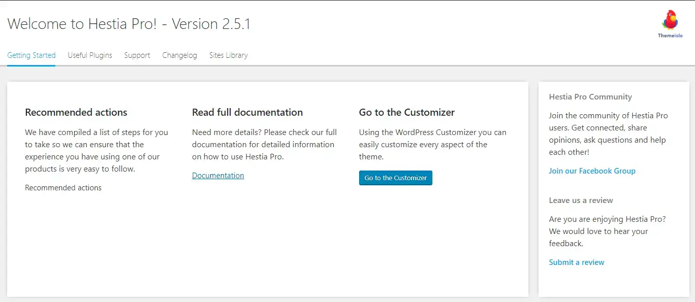 page d'options hestia pro