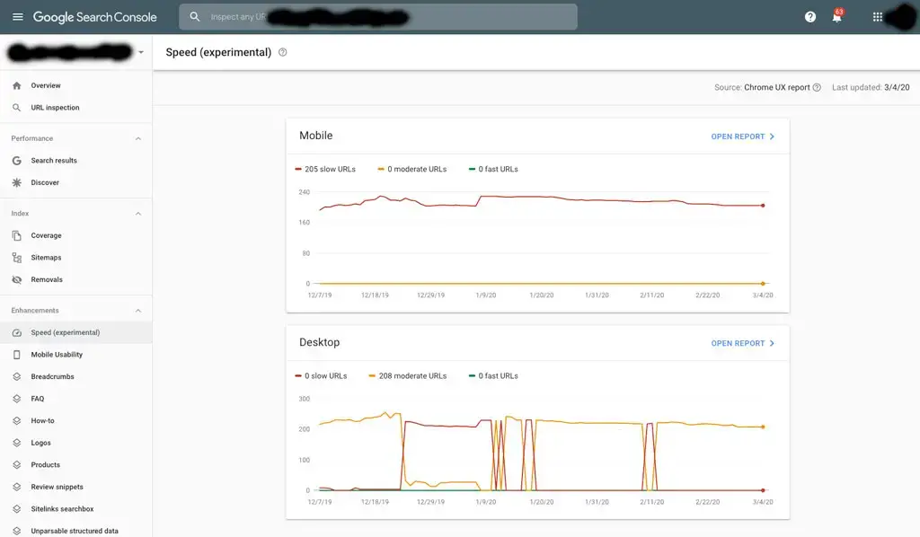 rapport de vitesse console de recherche google