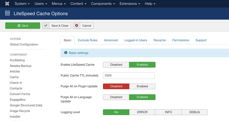 LiteSpeed Joomla Cache Options