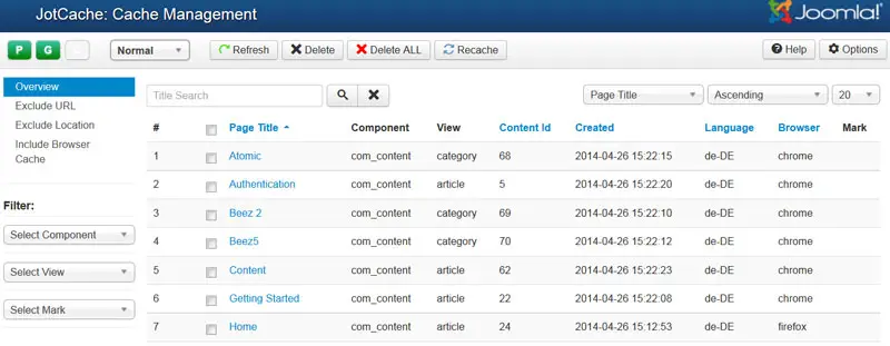 jotcache component management view