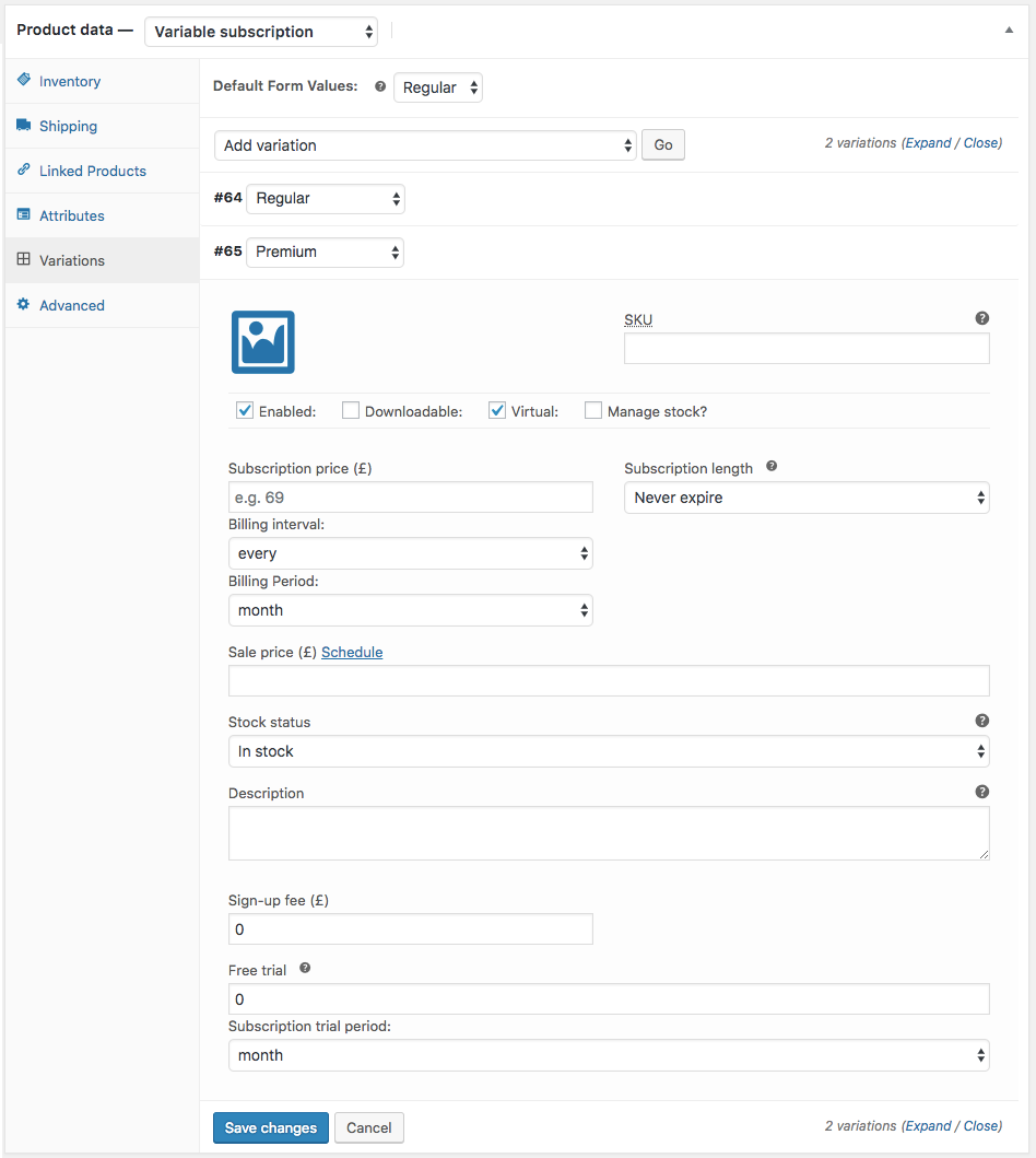 produktindstillinger for variabelt abonnement