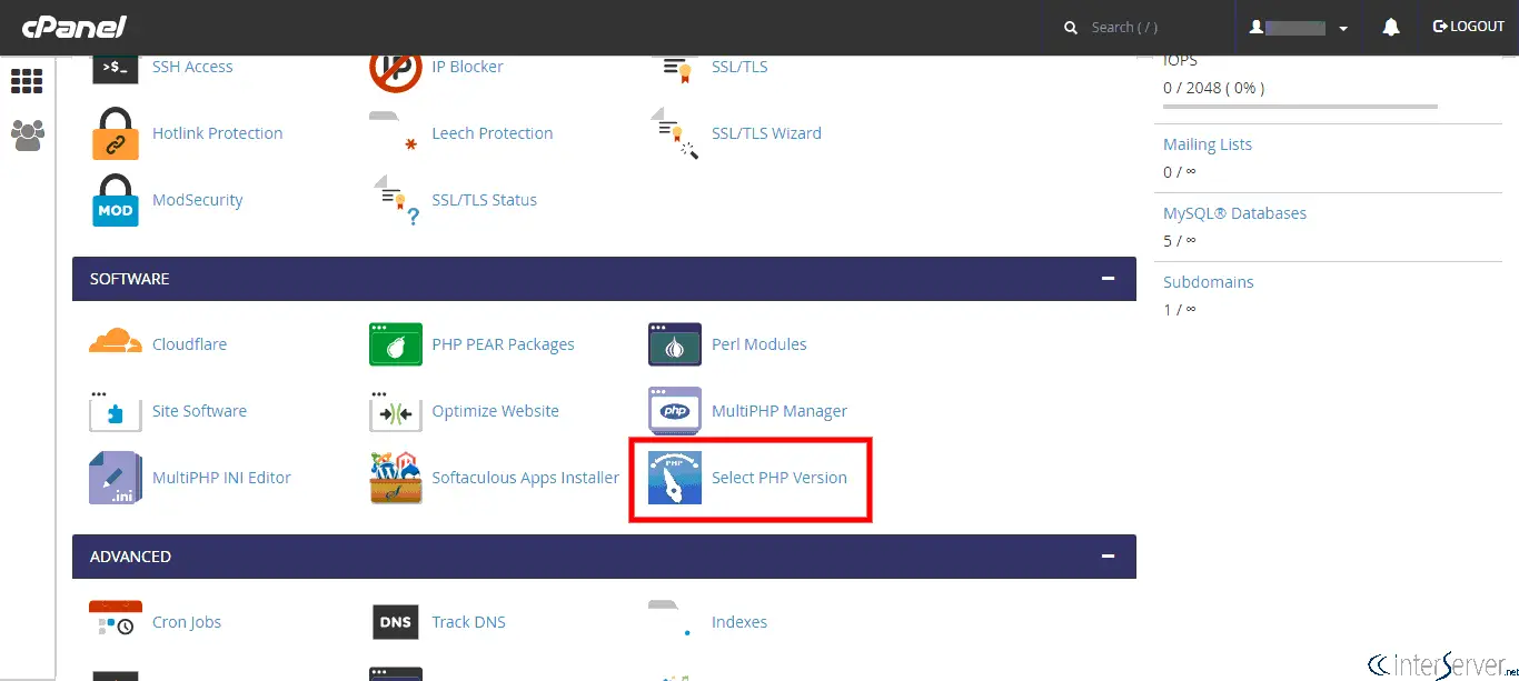 cpanel select php version