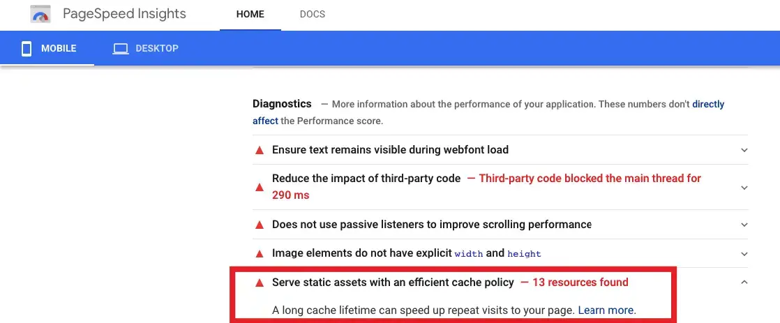 serve static assets with an efficient cache policy