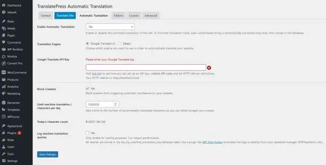 Setting up automatic translation