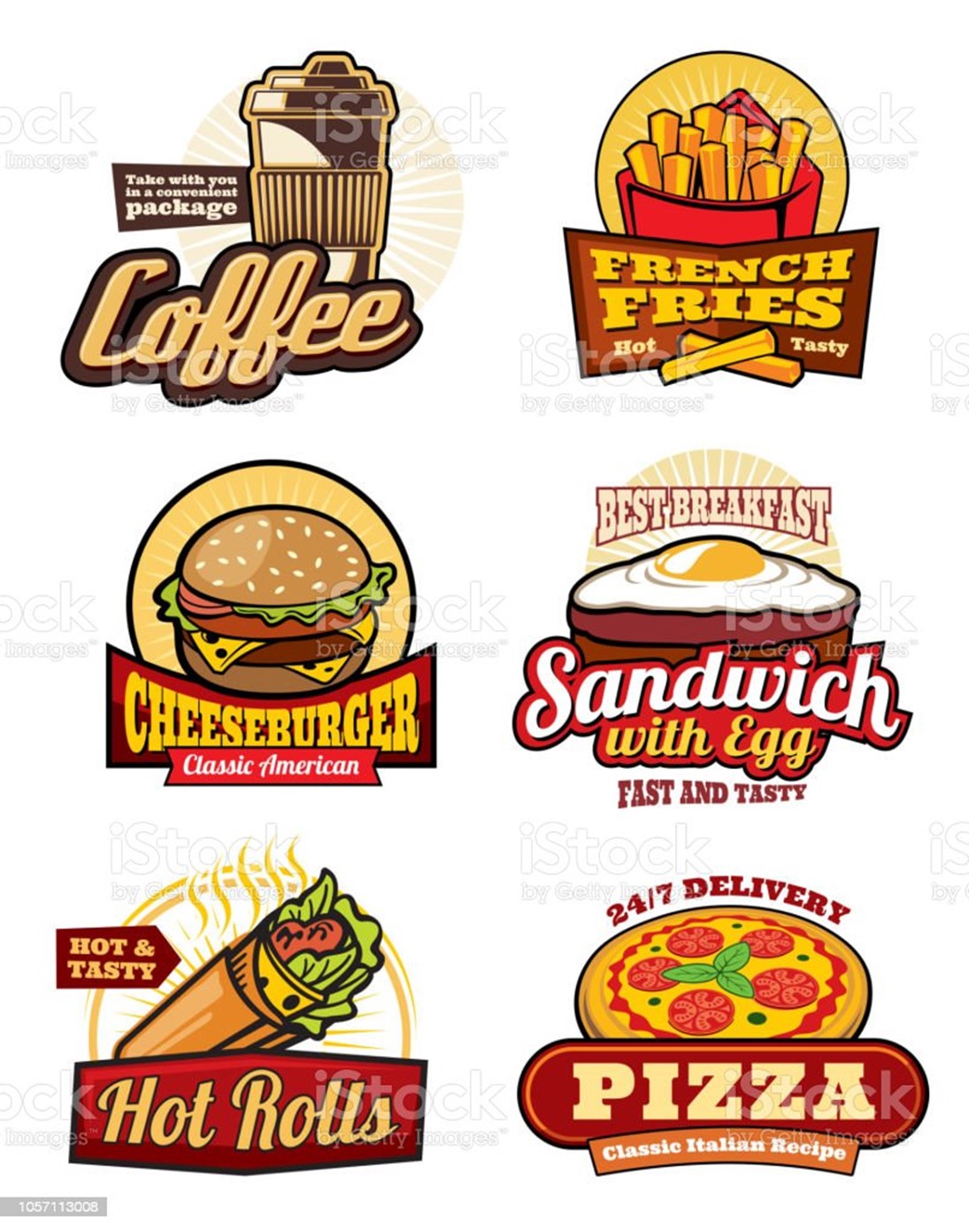 Fast Food Restaurant Meal Retro Labels Design Stock Illustration