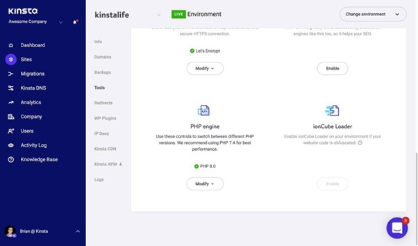 Cambia versione PHP in MyKinsta.
