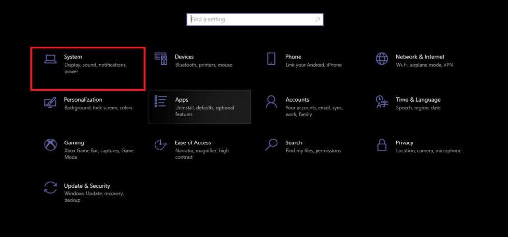 Haga clic en la categoría Sistema en la configuración de Windows