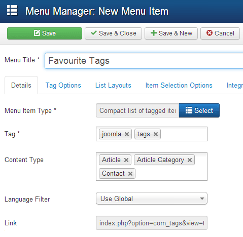 Élément de menu Joomla affichant les éléments marqués