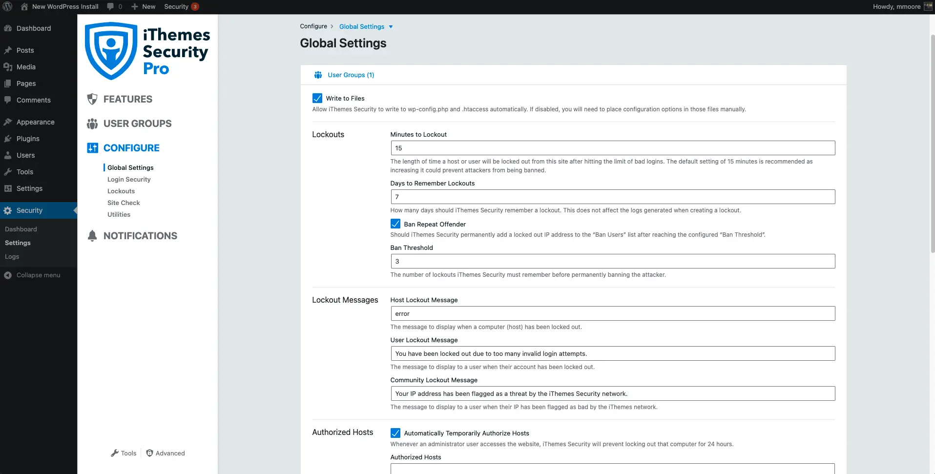 tableau de bord ithemes