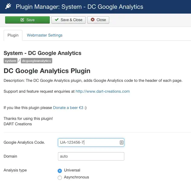 Paramètres du plug-in DC Joomla Google Anlaytics