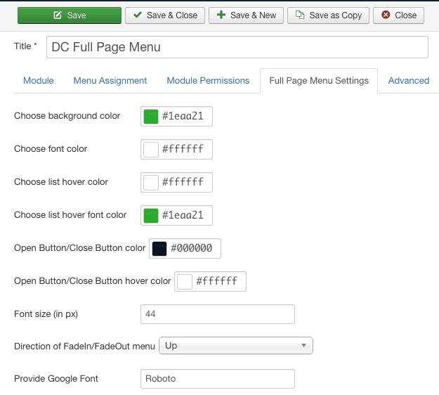 Options de configuration du menu plein écran Joomla