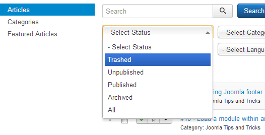 Select Trashed Items In Joomla Status DropDown