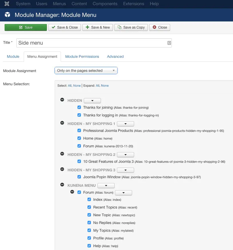 Joomla Valitut valikkokohdat