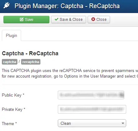 Verwenden der Public Private Keys mit dem Joomla Recaptcha Plugin