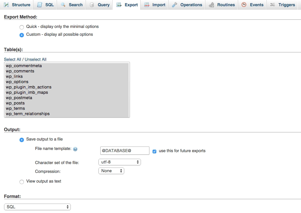 phpmyadmin eksport af database for at forberede WordPress overførsel til ny vært