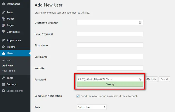 wordpress wachtwoord sterkte checker