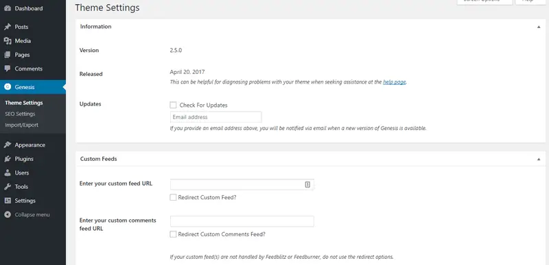Genesis settings options